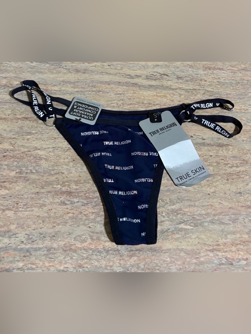 NWT True Religion Navy Navy Blue & Black Strappy Thong Panty